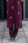 Shop_Whencut Goddamn_Maroon Chanderi Embroidered Abstract Face V Neck Kurta With Pant _at_Aza_Fashions