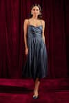 Buy_tara and i_Blue Luxe Lame Sweetheart Neck Metallic Draped Bustier Midi Dress  _at_Aza_Fashions