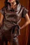 Buy_tara and i_Brown Faux Leather Solid Collar Neck Shacket Top With Belt  _Online_at_Aza_Fashions