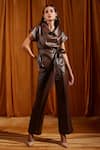 Shop_tara and i_Brown Faux Leather Solid Collar Neck Shacket Top With Belt  _Online_at_Aza_Fashions