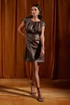 Buy_tara and i_Brown Faux Leather Solid Round Neck Ruched Shift Dress  _at_Aza_Fashions