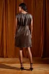 Shop_tara and i_Brown Faux Leather Solid Round Neck Ruched Shift Dress  _at_Aza_Fashions