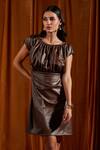 tara and i_Brown Faux Leather Solid Round Neck Ruched Shift Dress  _Online_at_Aza_Fashions