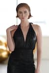 Buy_tara and i_Black Luxe Lame Solid Halter Neck Mesh Overlay Embellished Dress _Online_at_Aza_Fashions