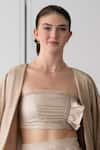 Buy_tara and i_Beige Faux Leather Off Shoulder Ruched Ruffle Bustier  _at_Aza_Fashions