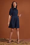 Buy_tara and i_Blue Pearl Satin Plain High Neck Pleated Dress With Belt _at_Aza_Fashions