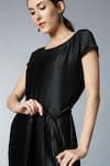 Buy_tara and i_Black Modal Satin Pleats Round Neck Midi Dress With Belt_Online_at_Aza_Fashions