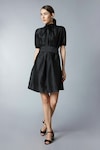 Buy_tara and i_Black Silk Dupion Pleats High Neck Plain Short Dress With Belt_at_Aza_Fashions