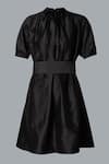 tara and i_Black Silk Dupion Pleats High Neck Plain Short Dress With Belt_Online_at_Aza_Fashions