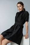 tara and i_Black Silk Dupion Pleats High Neck Plain Short Dress With Belt_at_Aza_Fashions