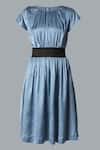 tara and i_Blue Modal Satin Plain Round Neck Cinched Waisted Dress_Online_at_Aza_Fashions