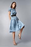 Buy_tara and i_Blue Modal Satin Plain Round Neck Cinched Waisted Dress_Online_at_Aza_Fashions