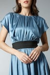 Shop_tara and i_Blue Modal Satin Plain Round Neck Cinched Waisted Dress_Online_at_Aza_Fashions