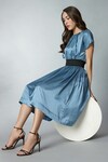 tara and i_Blue Modal Satin Plain Round Neck Cinched Waisted Dress_at_Aza_Fashions