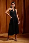 Buy_tara and i_Black Tencel Knit Plain V Neck Ruched Cross Strapped Midi Dress _at_Aza_Fashions