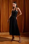 Buy_tara and i_Black Tencel Knit Plain V Neck Ruched Cross Strapped Midi Dress _Online_at_Aza_Fashions