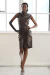 Buy_Tara And I_Brown Faux Leather Cowl Neck Draped Dress _at_Aza_Fashions