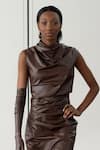 Shop_Tara And I_Brown Faux Leather Cowl Neck Draped Dress _at_Aza_Fashions