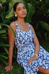 tara and i_Blue Tencel Linen Printed Bloom Square Neck Dress_Online_at_Aza_Fashions