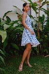 Buy_tara and i_Blue Tencel Linen Printed Bloom Square Neck Dress_Online_at_Aza_Fashions