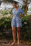 Buy_tara and i_Blue Tencel Linen Printed Bloom V Playsuit_at_Aza_Fashions