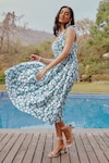 Buy_tara and i_Green Tencel Linen Printed Bloom Sweetheart Neck Cut Out Dress_Online_at_Aza_Fashions