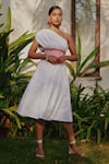 Buy_tara and i_White Cotton Lawn Plain Asymmetric Colorblock One Shoulder Smocked Dress _at_Aza_Fashions