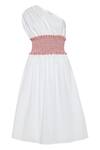 tara and i_White Cotton Lawn Plain Asymmetric Colorblock One Shoulder Smocked Dress _at_Aza_Fashions