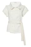 Buy_tara and i_White Denim Plain Napolean Lapel Collar Shacket With Belt_Online_at_Aza_Fashions