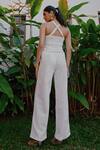 Shop_tara and i_White Denim Plain Notched Sleeveless Bustier And Paper Bag Pant Set_at_Aza_Fashions