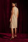 Shop_tara and i_Beige Faux Leather Embellished Mesh Notched Neck Overlay Midi Dress _at_Aza_Fashions