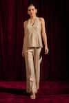 Buy_tara and i_Beige Faux Leather Solid Plain Straight Fit Trouser _at_Aza_Fashions