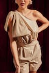 tara and i_Beige Faux Leather One Shoulder Mesh Bow Embellished Playsuit _Online_at_Aza_Fashions