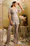 Buy_Studio22 by Pulkita Arora Bajaj_Grey Net Embroidered Cutdana Scalloped V Floral And Bead Kurta Pant Set 