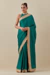 Buy_PRIYAL PRAKASH_Emerald Green Saree Silk Satin Embroidery Gota Border With Blouse _at_Aza_Fashions
