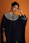 Shop_Krishna Mehta_Blue Modal Placement Hand Embroidery Geometric Round Neck Yoke Kaftan _at_Aza_Fashions