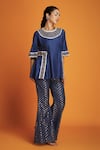 Buy_Krishna Mehta_Blue Modal Placement Hand Embroidery Zardozi Round Neck Yoke Tunic _at_Aza_Fashions