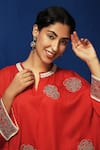 Shop_Krishna Mehta_Red Chanderi Placement Hand Embroidery Zardozi Notched Neck Kaftan _at_Aza_Fashions