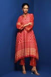 Krishna Mehta_Red Modal Block Print Floral Butti Notched Neck Asymmetric Tunic With Pant _Online_at_Aza_Fashions