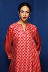 Shop_Krishna Mehta_Red Modal Block Print Floral Butti Notched Neck Asymmetric Tunic With Pant _Online_at_Aza_Fashions