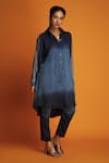 Shop_Krishna Mehta_Blue Modal Hand Block Print Ombre Sleeve Shirt Tunic And Pant Set _at_Aza_Fashions