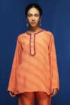 Buy_Krishna Mehta_Orange Tussar Hand Block Print Stripe Round Kurta _at_Aza_Fashions