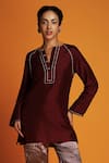 Buy_Krishna Mehta_Maroon Tussar Embroidery Zardozi Notched Kurta _at_Aza_Fashions