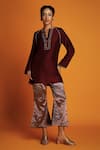 Buy_Krishna Mehta_Maroon Tussar Embroidery Zardozi Notched Kurta _Online_at_Aza_Fashions