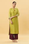 Buy_SHRADDHA RAMBHIA_Yellow Slub Silk Printed Kalamkari Round Pintucked Back Kurta And Pant Set _at_Aza_Fashions