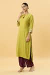 Buy_SHRADDHA RAMBHIA_Yellow Slub Silk Printed Kalamkari Round Pintucked Back Kurta And Pant Set _Online_at_Aza_Fashions