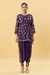 SHRADDHA RAMBHIA_Purple Slub Silk Printed Floral Round Kurta And Harrem Pant Set _Online_at_Aza_Fashions