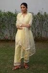Shop_Vaani Beswal_Yellow Kurta And Trouser Handwoven Chanderi Applique Hand Dalan Set_at_Aza_Fashions
