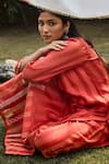 Vaani Beswal_Red Kurta And Trouser Handwoven Stripe Cotton Silk Embroidered Kantha Lana Set_at_Aza_Fashions