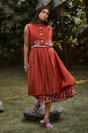 Buy_Vaani Beswal_Red Dress Handwoven Stripe Cotton Solid Ruffled Shore Pleated A-line With Belt_at_Aza_Fashions
